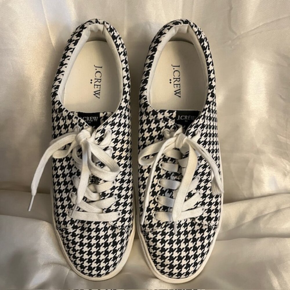 J. CREW HOUNDSTOOTH TIE SNEAKERS, BLACK & WHITE, WOMEN'S 10; NEVER WORN